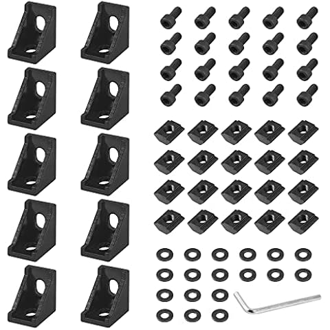 EYPINS 10 Pcs 2020 Aluminum Extrusion Black Angle Mounting Brackets, 90 Degree 2020 Extrusion Profile L-shape Corner Connectors with M5 * 10 Hexagon Bolts, 20 Series M5 T-Nuts Slider for 6mm Groove Cover