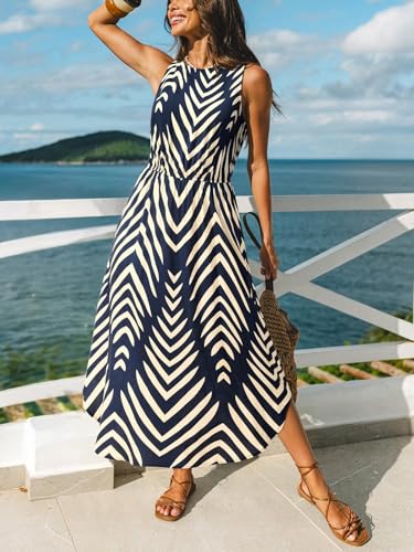 Image of CUPSHE Women Knit Summer Dress Cover Up Crew Neck Elastic Waist Side Slit Midi Casual Sundress Beach Cover Up Dresses