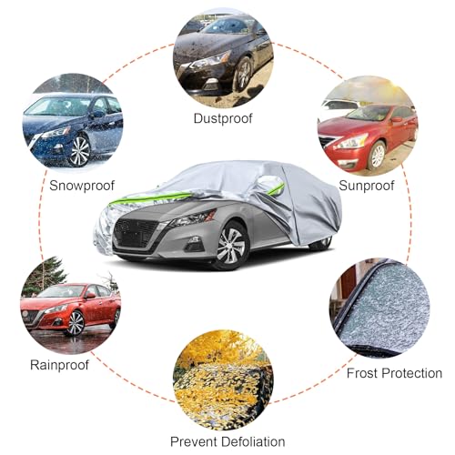 Image of Waterproof Car Covers Replace for 2002-2025 Nissan Altima, 6 Layers Silver All Weather Custom-fit Car Cover with Zipper Door & Windproof Bands for Snow Rain Dust Hail Protection