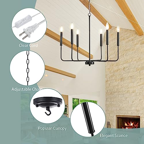 Hoxiya 25.6" Dimmable Plug In Chandelier Lighting With Cord, 6 Light Modern Farmhouse Chandelier For Dining Room, Retro Chandelier Rustic Ceiling Pendant Light For Kitchen Living Room Bedroom Foyer #TOP2