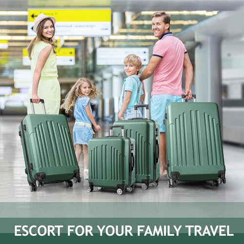 4-Piece Matching Luggage Set with Curved Stripes - 20"+24"+28"+Travel Tote, Lightweight Hardshell Trolley Cases with Spinner Wheels for Family Vacations - Retro Green2