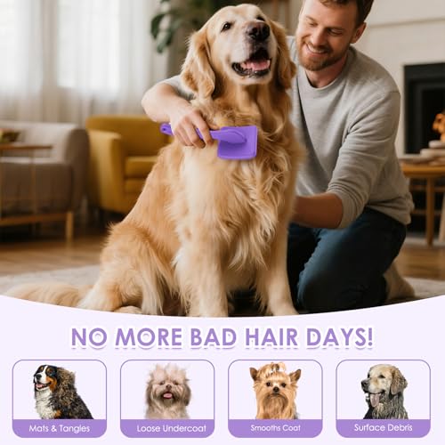 Image of Large Dog 3 in 1 Grooming Kit, Extra Long Pin Slicker Brush Purple | Ideal for Goldendoodles, Poodles; premium wooden handle; undercoat rake; removing thick mats; tangle deshedding