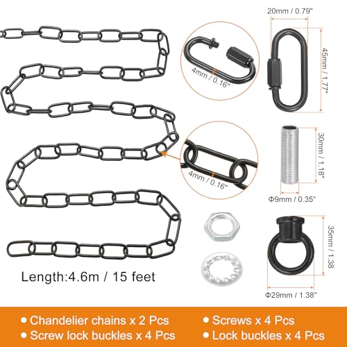 Image of PATIKIL 15 Feet Lighting Chain for Hanging Lamp, 2 Set Chandelier Chain Light Fixture Chain Load Capacity 65 Lbs for Pendant Light, Ceiling Fan, Black