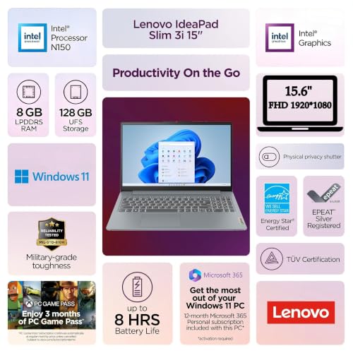 Image of Lenovo IdeaPad Slim 3i 15.6 FHD Laptop, Intel 4 Cores, 8GB DDR5 128GB SSD