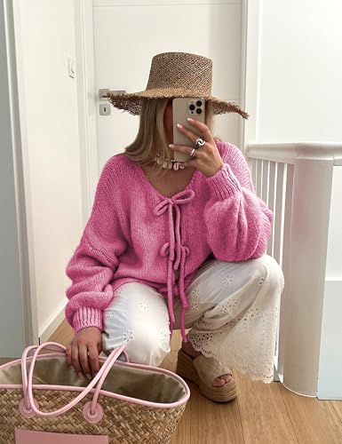 Image of SKIKYAN Women Bowtie Oversized Knit Sweater Cardigan Y2K Long Sleeve V Neck Open Front Casual Knitwears(RoseRed-L), Large