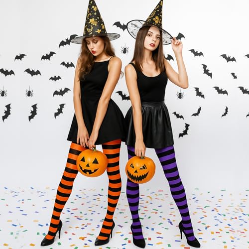 Image of 8 Pairs Striped Tights for Women, Colorful Semi Opaque 80 Denier High Waist Footed Pantyhose Legging Halloween Costume
