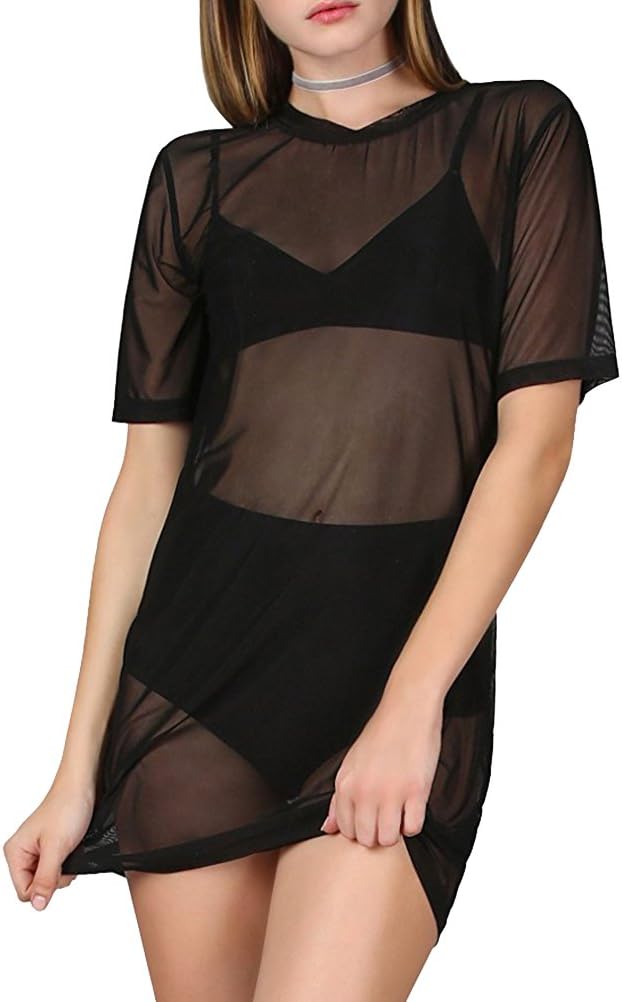 Women's Sexy Cover Ups Short Sleeve See Through Gauze Mesh T-Shirt Dress (XX-Large, Black01)