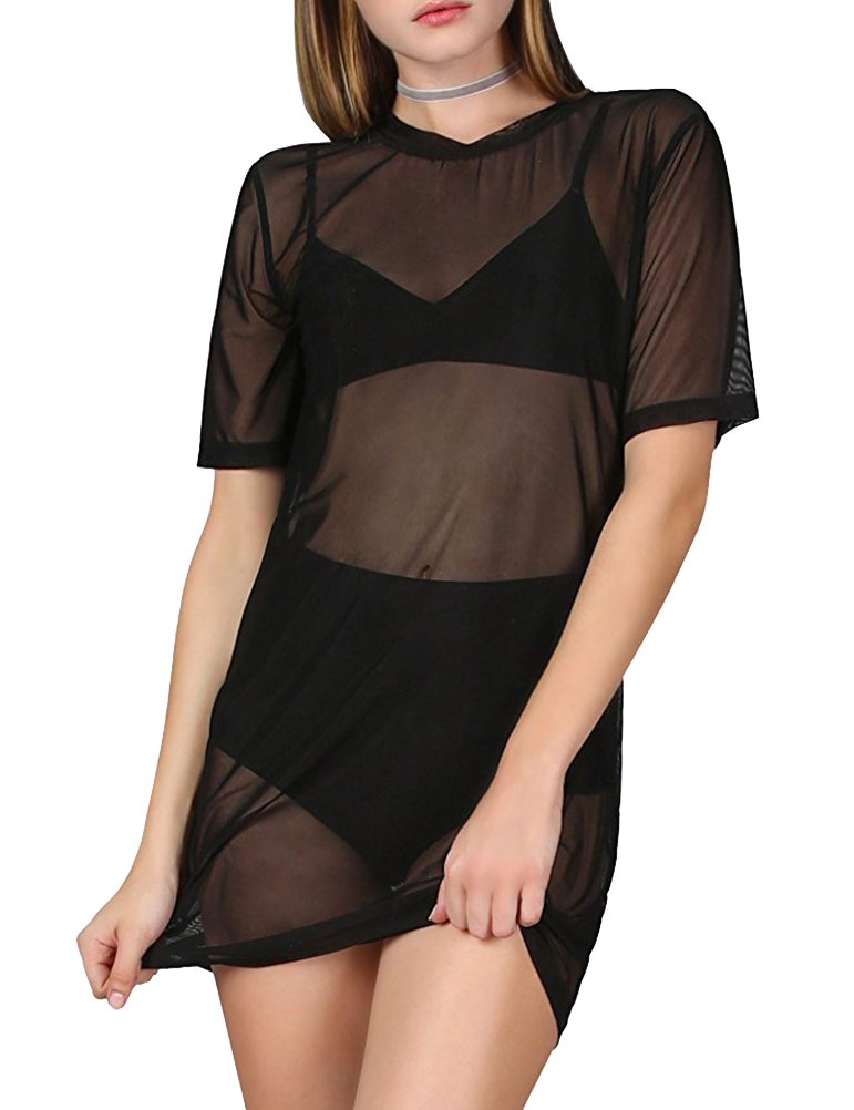 Women's Sexy Cover Ups Short Sleeve See Through Gauze Mesh T-Shirt Dress (XX-Large, Black01)