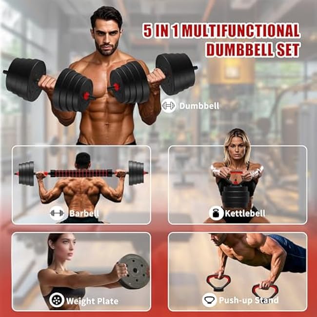 90 LB/75 LB/45 LB/25 LB Adjustable Dumbbells 4-in-1 Dumbbells Set Free Weight Set with Connector ¨C Convert to Barbell, Kettlebell & Push-Up Stands | Interchangeable Weight Plates, Non-Slip Grips for Home Gym