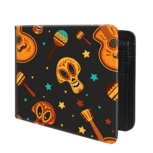 (Day Of The Dead Sugar Skull And Guitar-2 Front Pocket Slim Bifold Leather Wallet RFID Blocking with ID Window for Men