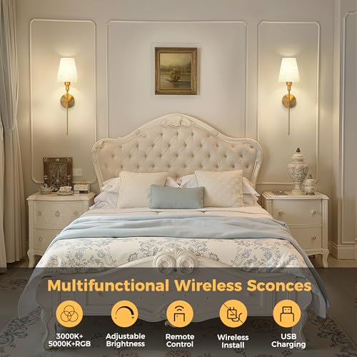 Image of DORESshop Battery Operated Wall Sconce Set of 2, 7 Color Wireless Wall Light Easy to Install, Sconce Wall Decor Set of 2 for Bedroom, Living Room, Fabric Linen Shade, Gold, 24.6in
