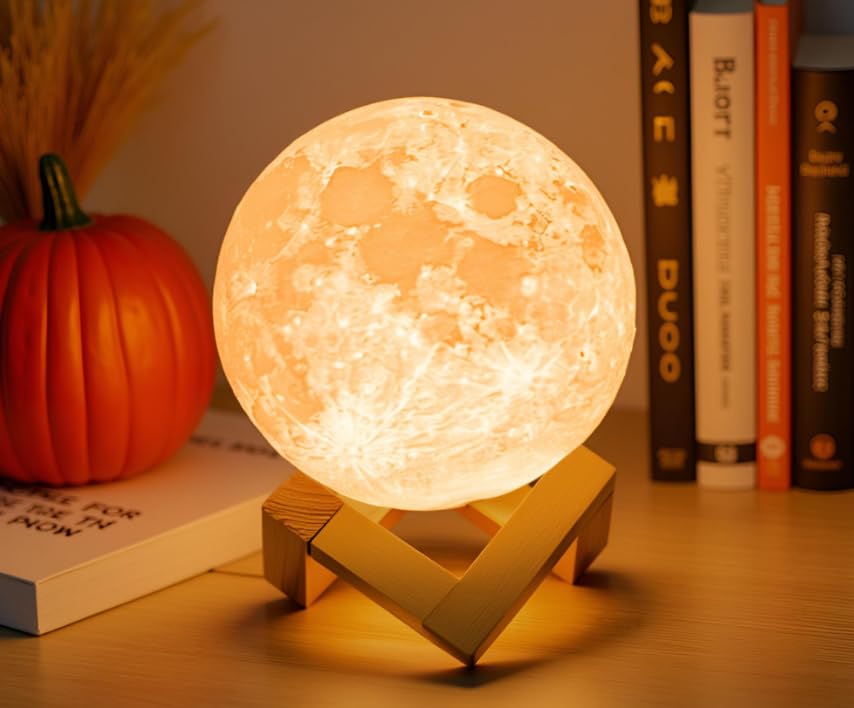 Mydethun Moon Lamp 3D Night Light, 5.9' Touch-Dimmable & USB Rechargeable with Wooden...