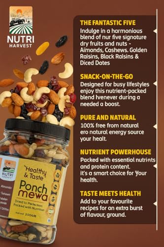 Image of NUTRI HARVEST Premium Dry Fruits Mix pack (Panch Mewa Mix), Natural Blend of Almonds, Cashews,Black and green Raisins and diced Dates| Fit for Fasting 250 gram| (Re-sealable pack for freshness)