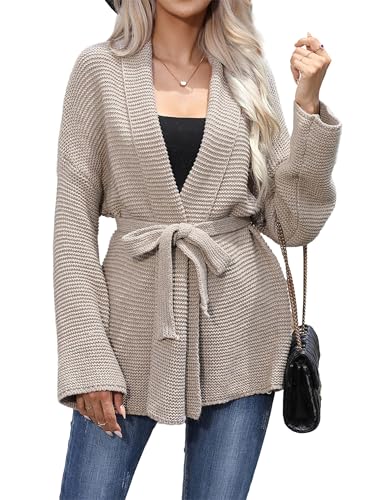 LANYO LILI Belted Sweater Cardigan for Women - Open Front Wrap Knit Coat Long Sleeve Tie Waist Khaki