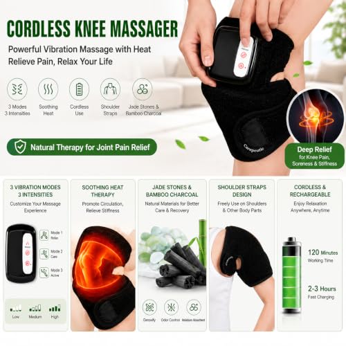 Masajeador de rodillas con calor, vibración, piedras de jade y carbón de bambú | Masajeador calentado para rodillas con jade y carbón de bambú, 3 modos de vibración, diseño portátil y wearable con controles LED miniatura 6