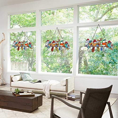 COTOSS Tiffany Stained Glass Window Hangings, 8 Birds on a Wire Stained Glass, Stained Glass Panels, Art Glass Window Treatments