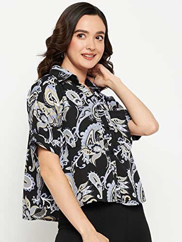 Image of Fashfun Women's Shirt (Floral Pink Crepe Top with Mandarin Collar & Full Sleeve)