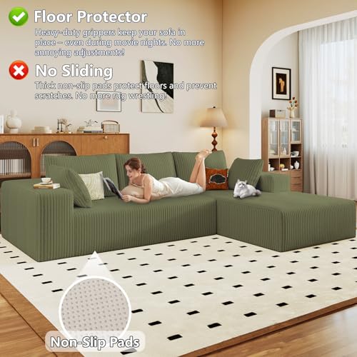Image of 96 inch Modular Sectional Sofa, Modern Corduroy Cloud Couch with Deep Seat, Boneless Couch Upholstered 3-Seater L-Shaped Sofa for Living Room, No Assembly Required (Green, Right-Facing Chaise)