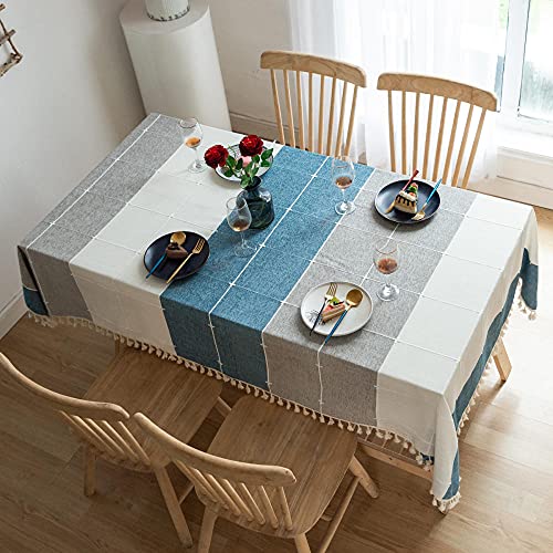 Nappe pompon bleu blanc gris rectangulaire 140x300 pour table à manger - 2