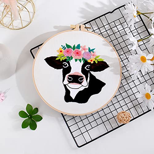 Image of Louise Maelys Cow Beginners Embroidery Kits,Cross Stitch Starter kit for Adults with Embroidery Cloth Hoop Needles Instruction and Threads | Cross Stitch Starter Kit With Cow Design, Includes Pre-Printed Fabric, Hoop, Threads, Needles And Guide. Needlepoint Kit
