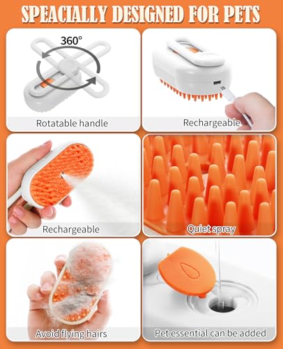 Image of Cat Steam Brush for Shedding - 3 in 1 Steam Cat Brushes for Grooming and Massage - Adjustable Cat Brush with Steam for Dogs, Removing Tangled and Loose Hair (White & Orange)
