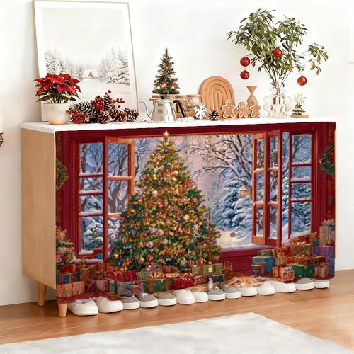 Image of Self Adhesive Open Window View Cabinet Curtain for Mother's Day, 39x28 Inch Festive Tree Under Sink Skirt No Drill, Spring Cleaning Kitchen Decor, Hook and Loop Laundry Valance