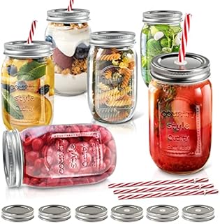 Myiosus Mason Jars with Lids, 500ml Mason Drinking Jar with 6 Straws, 6Pcs Glass Preserving Jars for Jams, Overnight Oats and Beverages, Send 6 Airtight lid