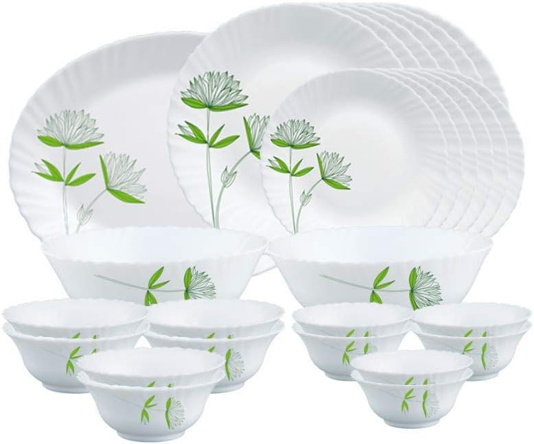 Larah By Borosil Green Lily Opalware Dinner Set, 27 Pcs, White