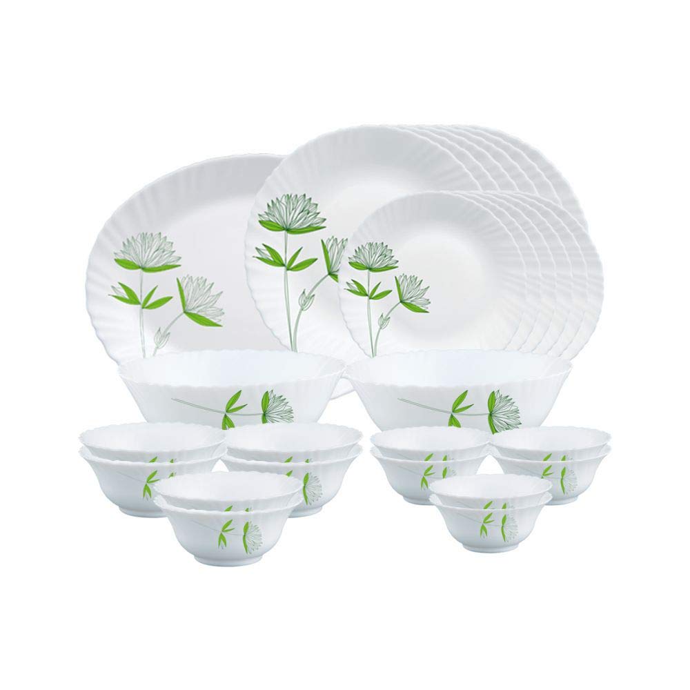 Larah by BOROSILGreen Lily Opalware Dinner Set, 27 Pcs, White
