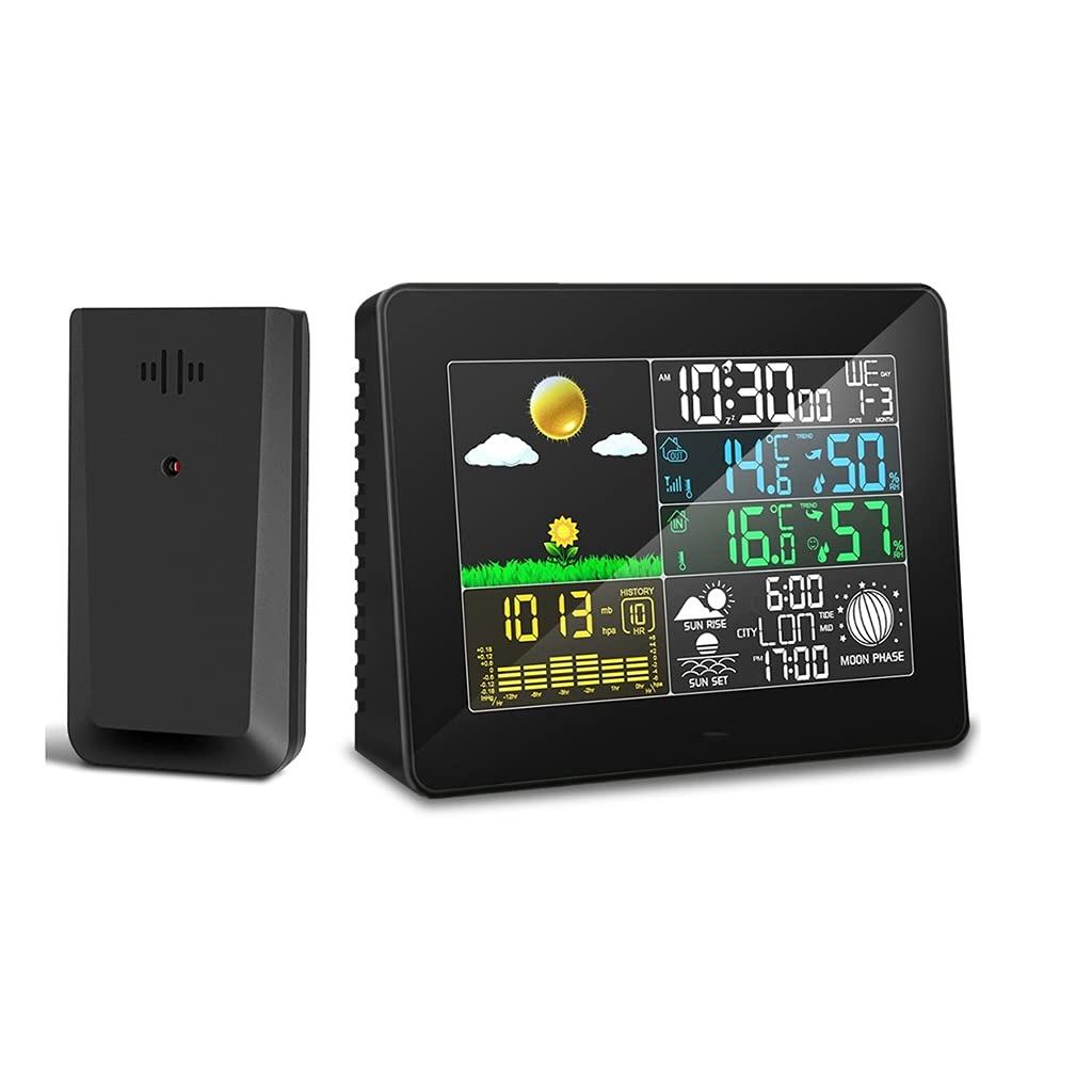 JSEIAJB Weather Station Indoor Outdoor LCD Thermometer Humidity Snooze Alarm Clock Sunrise Sunset Calendar Forecast