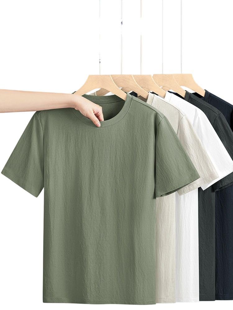 Maglietta a maniche corte da uomo a girocollo in lino misto cotone per allenamento, corsa, abbigliamento all'aperto