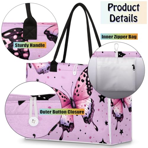 Purple Butterfly Black Star Tote Bag for Women Large Beach Bag Reusable Tote Bags for Work Travel Beach Shopping4