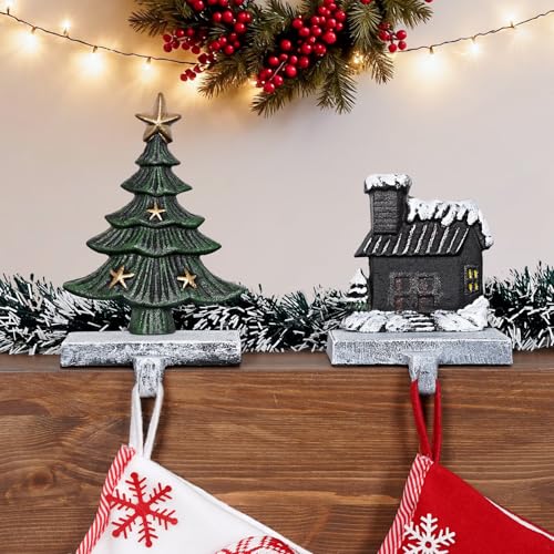INNO STAGE Christmas Stocking Holders for Mantle Set of 2, Heavy Duty Cast lron Stocking Holder with Non-Slip Base, Xmas Tree Cottage Stocking Hooks, Stocking Hangers for Fireplace Table Holiday Decor