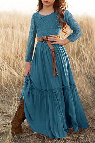 Image of MITILLY Girls Lace Flower Wedding Guest Long Maxi Dress for 6-12 Years | Girls Boho Dress, Girls' Special Occasion Dresses, Wedding Party, Size 6-12 Years, Ruffle Sleeve, A Line, With Pockets