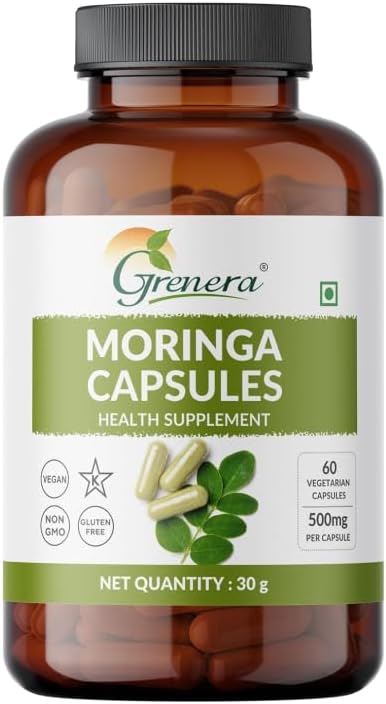 Grenera Organic Moringa Capsules 60 nos, Drumstick Tree Leaf Powder Capsules, Pure Shigru, Organic Certified
