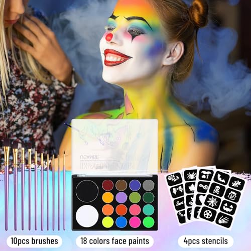 Image of UCANBE Face Painting Kit for Kids & Adults -18 Colors Non-Toxic Water Based Face Body Paint Palette with Paint Brushes&Stencils, Professional Facepaint Set for Halloween SFX Makeup, Cosplay & Costume