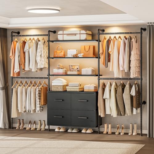 T3 Closet System with Stepless Dimmable LED Light & 4 Large Drawers | Adjustable from 6’6” to 8’11”, Heavy Duty Industrial Pipe Clothing Rack with 6 Wooden Shelves & 4 Telescopic Rods, Black