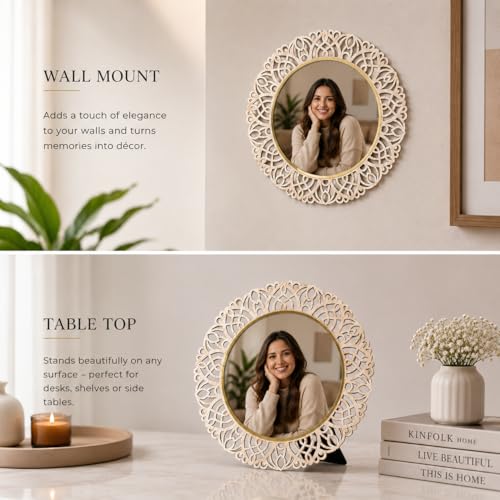 Image of Round Photo Frame | Wooden Decorative Picture Frame with Lace Laser Cut Border & Clear Acrylic Front | Wall & Tabletop Display | Premium Home Decor & Gift (21X21 Cms)