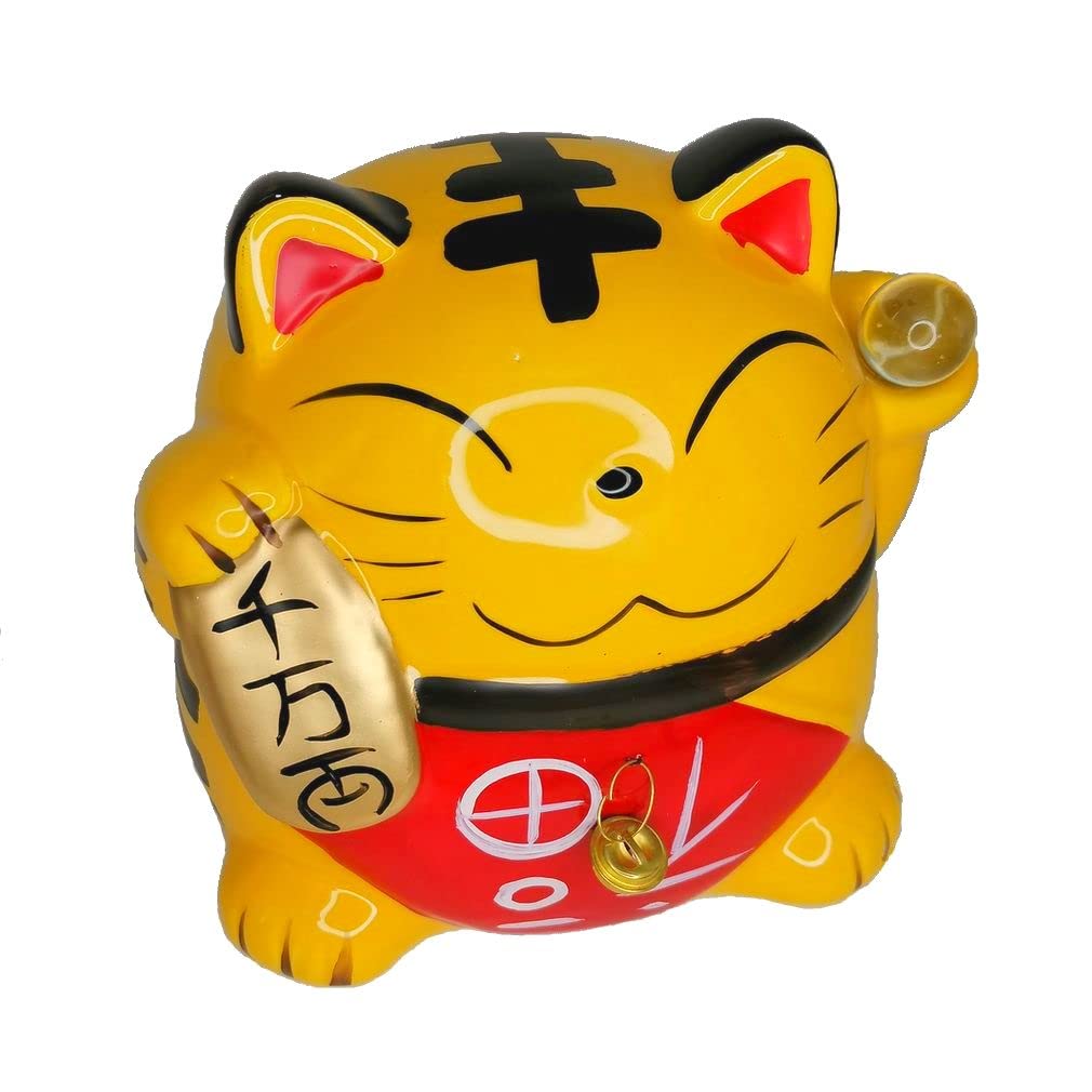 lachineuse - Yellow Maneki Neko Cat - Japanese Lucky Cat Figurine - Kawaii Decorative Item - Lucky Cat Porcelain 15.5 cm - Cute Asian Cat - Good Luck, Happiness, Fortune