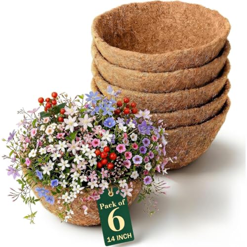 Growia Coco Liners for Planters 14 Inch 6 Pack Coco Basket Liners for Hanging Baskets Thick Natural Coconut Fiber Planter Liner for Outdoor Pots Window Boxes & Wire Baskets