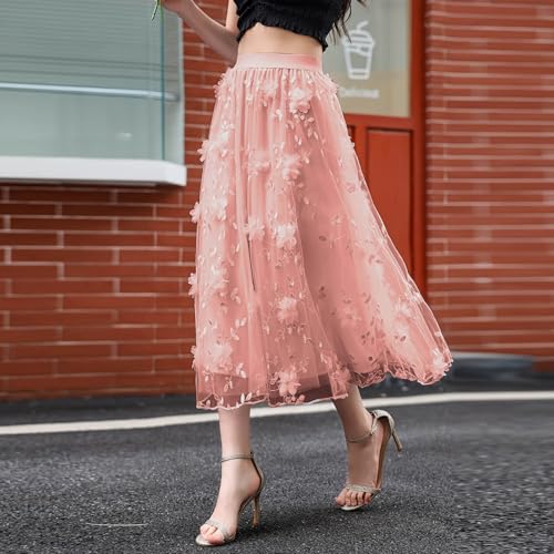 Women's Floral Midi Skirt High Waisted A Line Cute Layered Fairy Mesh Tulle Pleated Skirt 3D Embroidery Skirts2