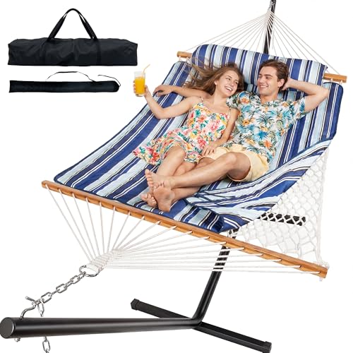 Image of Everyfun 2 Person Hammock with Stand, Heavy Duty Double Cotton Rope Hammock with Removable Quilted Pad & Pillow, 500 LBS Adjustable Steel Frame, Tool-Free, Carry Bag for Outside Patio Yard, Blue