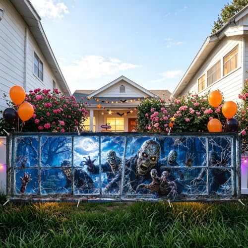 Image of Halloween Banner 118x35.4 Inch Scary Zombie Window Decoration Backdrop, Creepy Haunted House Party Decoration Outdoor Yard Sign for Festival Celebration, Fence Wall Porch Indoor Outdoor