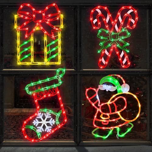 Pytopkto Christmas Window Silhouette Lights Decorations - 16" 4 Pack Colour Lighted Santa ＆ Gift Box ＆ Candy Cane ＆ Christmas Stocking for Holiday Wall Door Window Decorate