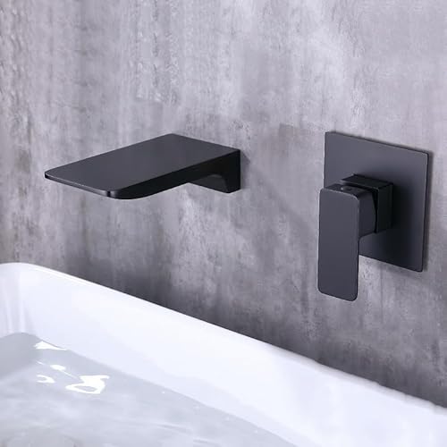ZQFHSX Black Brass Wall Mounted Bathroom Basin Mixer Tap Waterfall Spout Single Lever 2 Hole Taps Hot and Cold