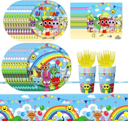 Stoviglie per Feste di Sprunky, Stoviglie di Cartoni Animati per Feste, Stoviglie per Compleanni Cartoon, Piatti Tovaglioli Bicchieri di Carta Tovaglie - 61PCS- 10 Persone