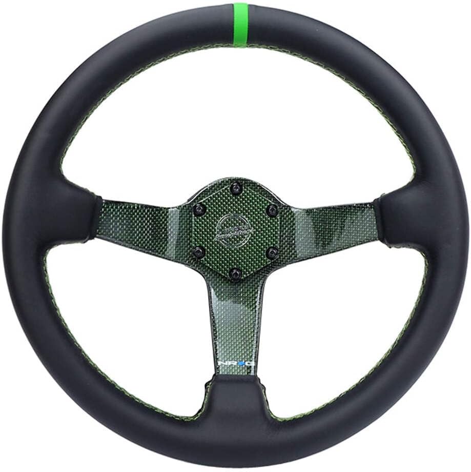 NRG Innovations NRG-RST-036CF-GN Carbon Fiber Steering Wheel 350mm Green Carbon Fiber, Green Stiching, Green Center Mark, Leather Wrapped