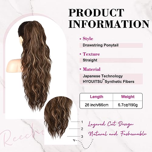 REECHO Ponytail Extension, 26" Long Beach Wave Drawstring Pony Hair Extension Synthetic Pony Tail Hairpiece for Women - Image 2