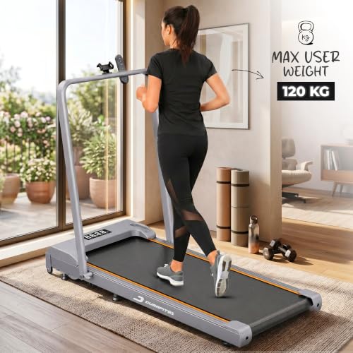 Image of Compact 3HP Peak BLDC Motor Treadmill with Mobile Stand & Remote Control | 120 kg User Capacity | 10km /h Max Speed | LED Display with Foldable Under-Desk Design | Home Use | Grey