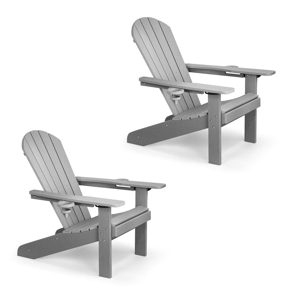 VonHaus Grey Adirondack Chair Set of 2 - Reclining Slatted Style Garden Chair with Cup & Phone Holders - Durable Weather Resistant HDPE Plastic Outdoor Armchair for Patio & Decking - Westport